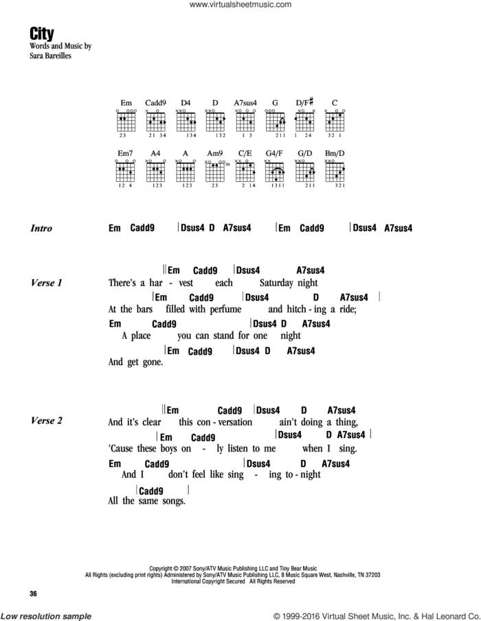 City sheet music for guitar (chords) by Sara Bareilles, intermediate skill level