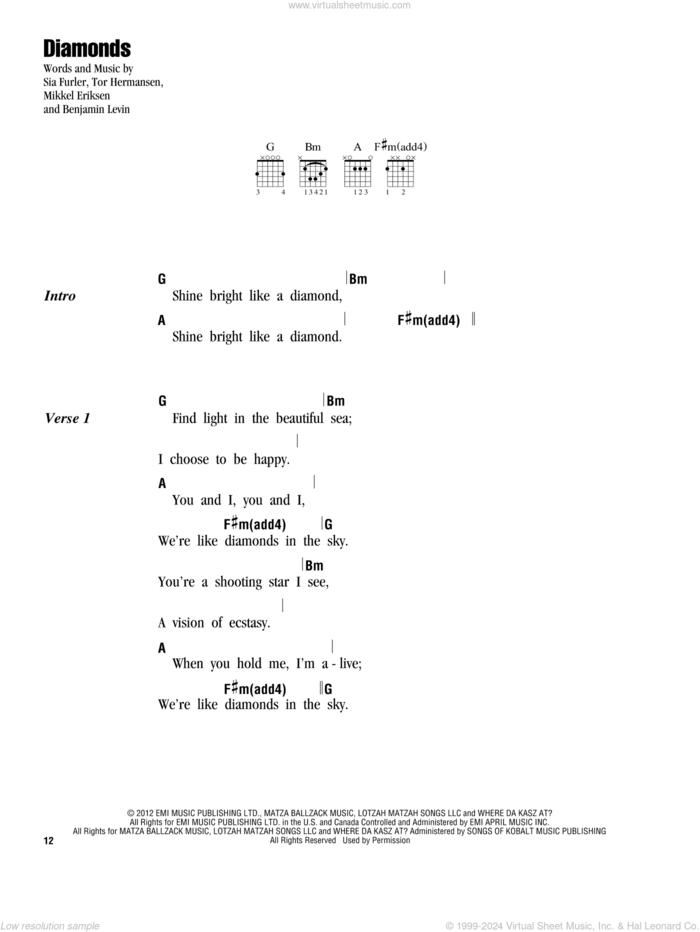 Diamonds sheet music for guitar (chords) by Rihanna, Benjamin Levin, Mikkel Eriksen, Sia Furler and Tor Erik Hermansen, intermediate skill level