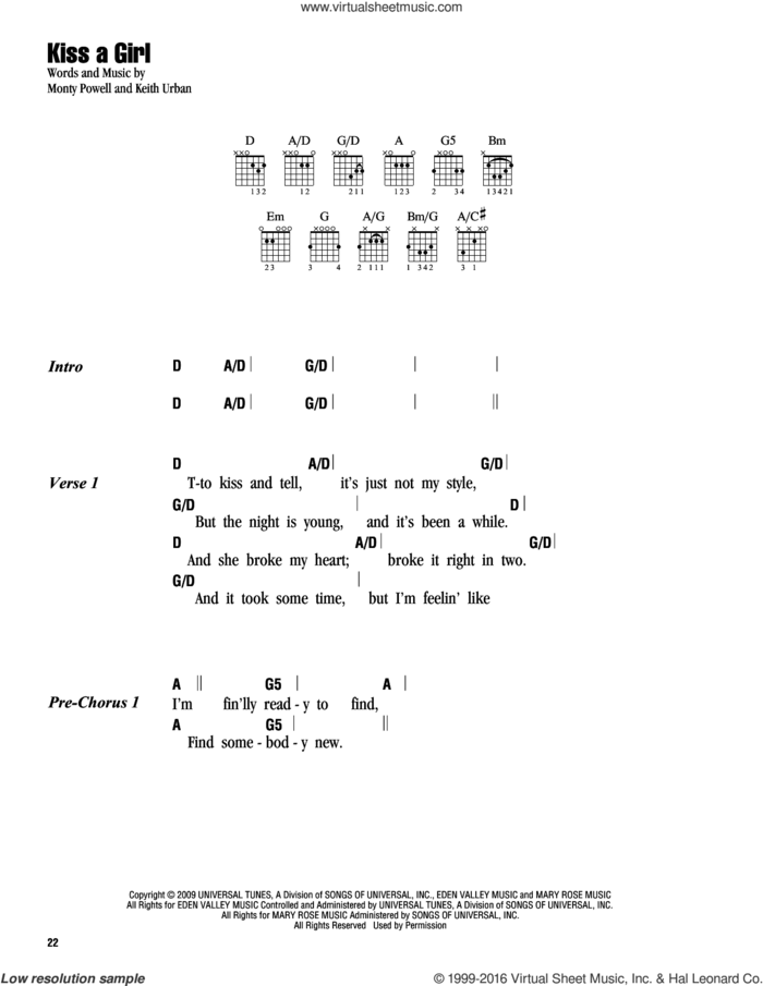 Kiss A Girl sheet music for guitar (chords) by Keith Urban and Monty Powell, intermediate skill level