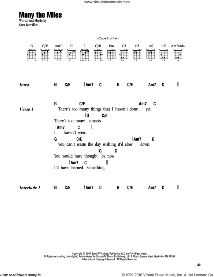 Many The Miles sheet music for guitar (chords) by Sara Bareilles, intermediate skill level