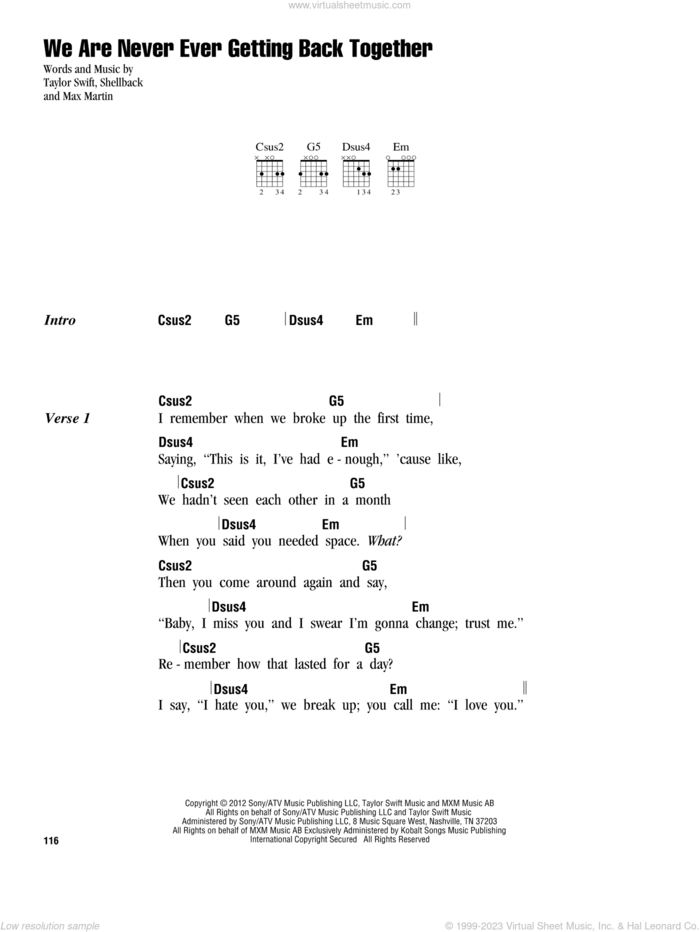 We Are Never Ever Getting Back Together sheet music for guitar (chords) by Taylor Swift, Max Martin and Shellback, intermediate skill level