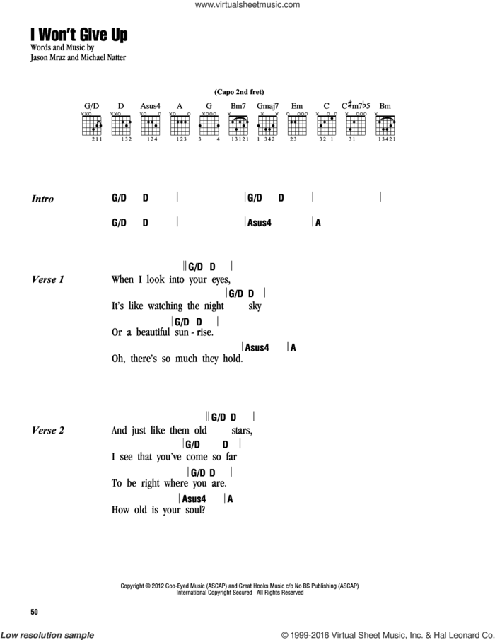 I Won't Give Up sheet music for guitar (chords) by Jason Mraz and Michael Natter, intermediate skill level