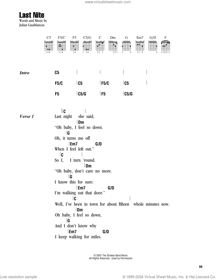 Last Nite sheet music for guitar (chords) by The Strokes and Julian Casablancas, intermediate skill level