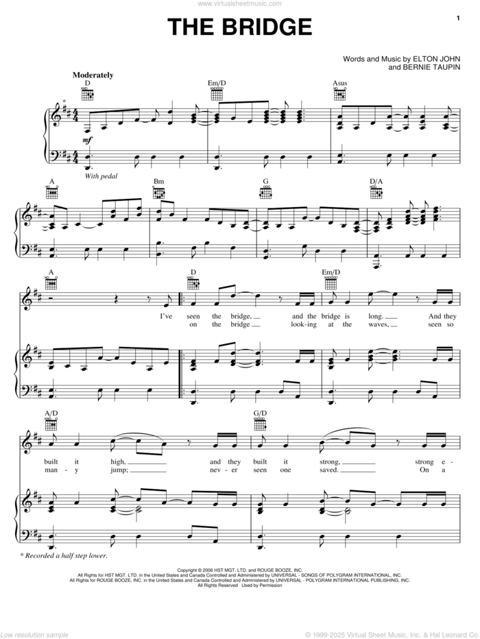 The Bridge sheet music for voice, piano or guitar by Elton John and Bernie Taupin, intermediate skill level