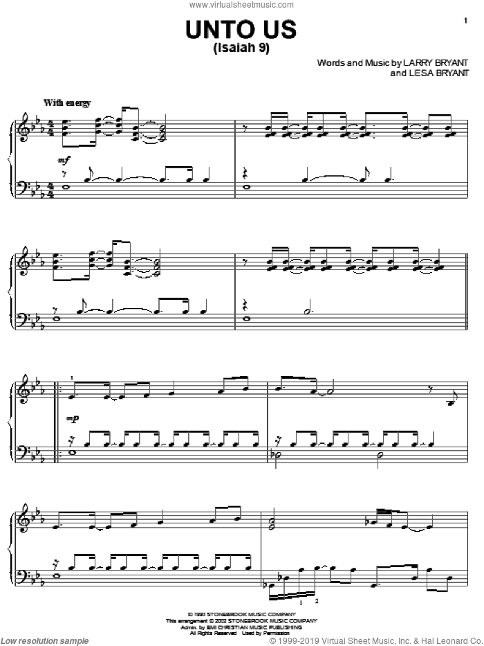 Unto Us (Isaiah 9) sheet music for piano solo by Sandi Patty, Larry Bryant and Lesa Bryant, intermediate skill level