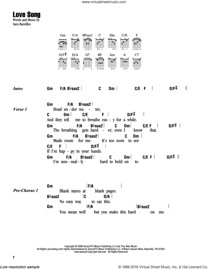 Love Song sheet music for guitar (chords) by Sara Bareilles, intermediate skill level