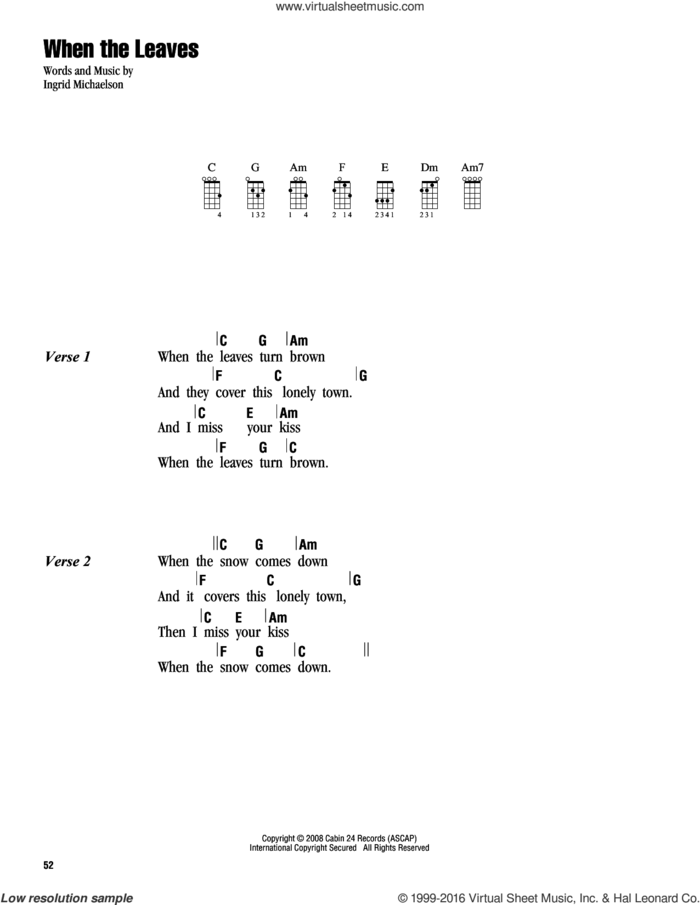 When The Leaves sheet music for ukulele (chords) by Ingrid Michaelson, intermediate skill level