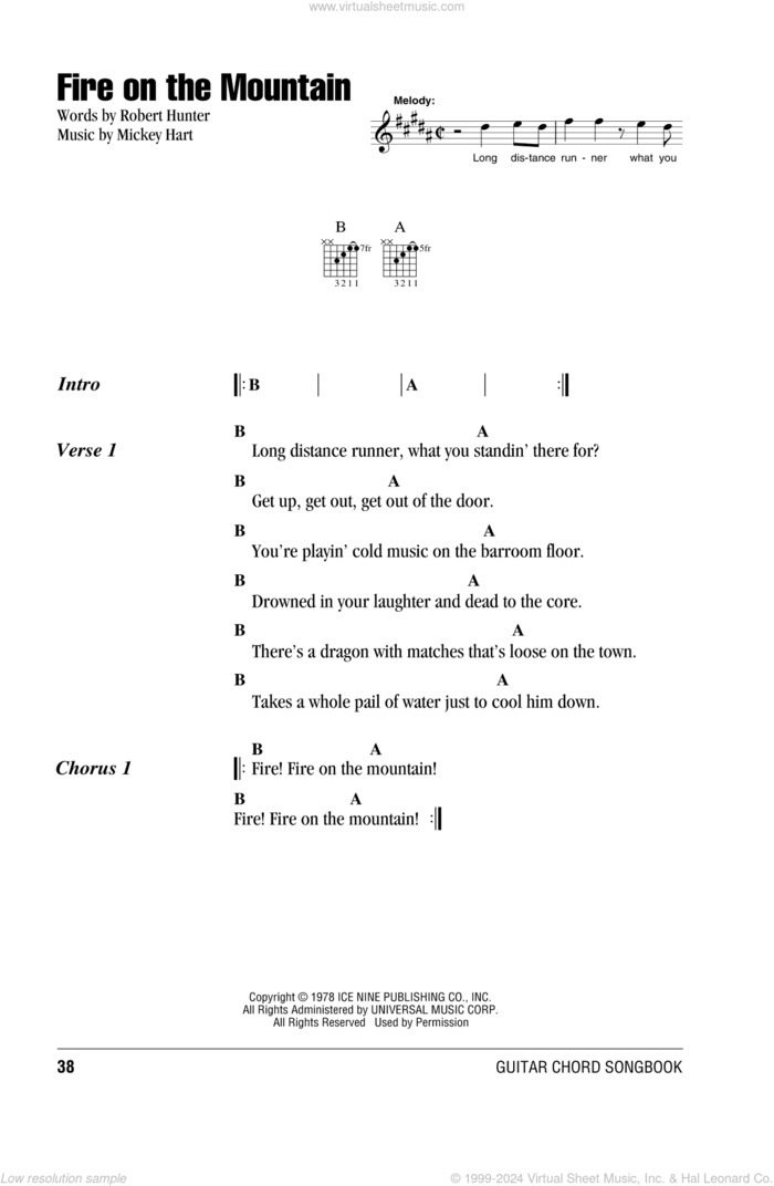 Fire On The Mountain sheet music for guitar (chords) by Grateful Dead, Mickey Hart and Robert Hunter, intermediate skill level