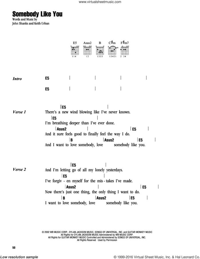 Somebody Like You sheet music for guitar (chords) by Keith Urban and John Shanks, intermediate skill level