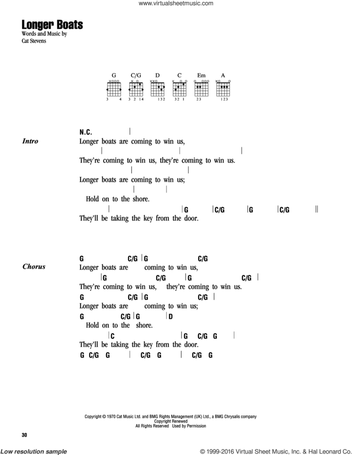 Longer Boats sheet music for guitar (chords) by Cat Stevens and Yusuf Islam, intermediate skill level