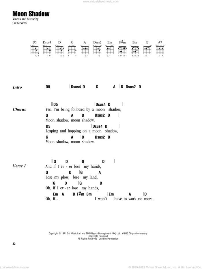 Moon Shadow sheet music for guitar (chords) by Cat Stevens and Yusuf Islam, intermediate skill level