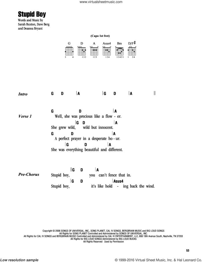 Stupid Boy sheet music for guitar (chords) by Keith Urban, Dave Berg, Deanna Bryant and Sarah Buxton, intermediate skill level