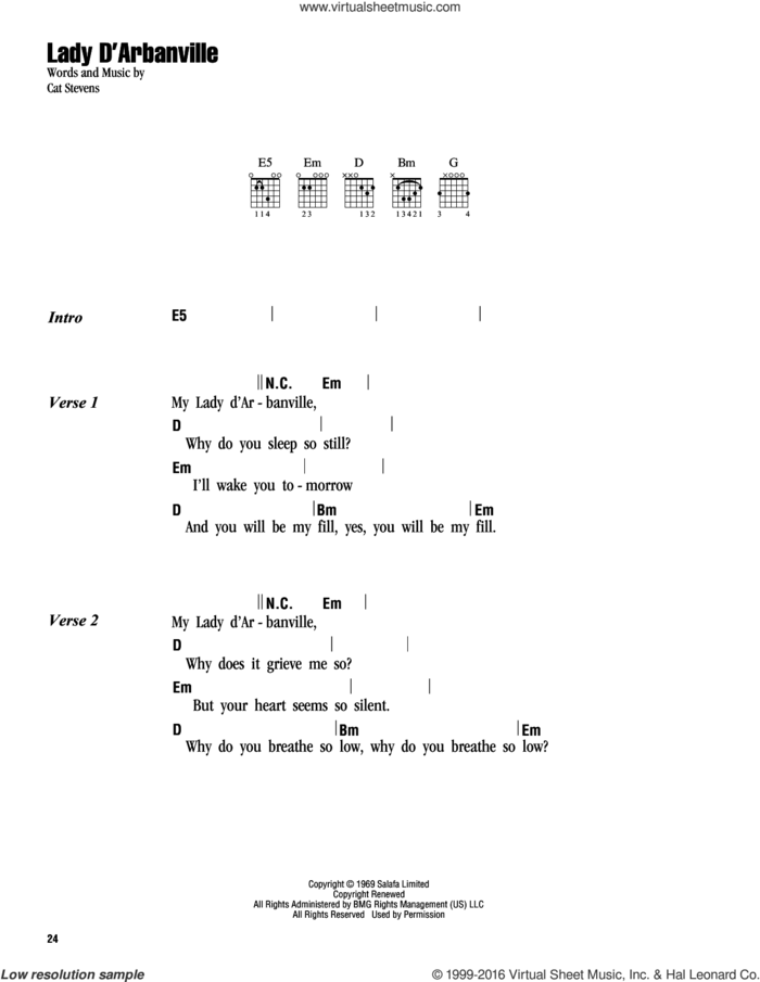 Lady D'Arbanville sheet music for guitar (chords) by Cat Stevens and Yusuf Islam, intermediate skill level
