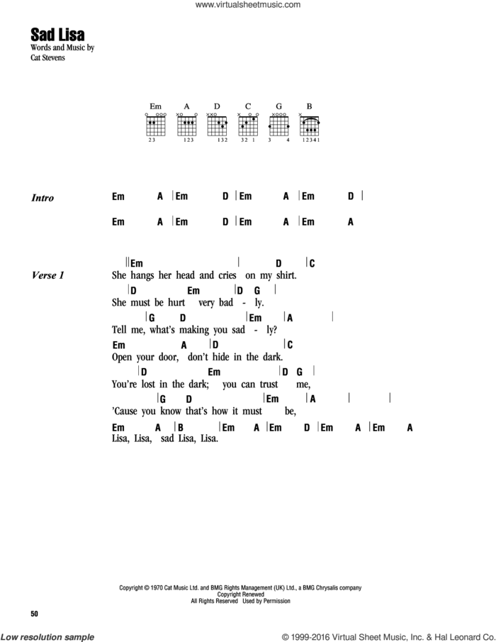 Sad Lisa sheet music for guitar (chords) by Cat Stevens and Yusuf Islam, intermediate skill level