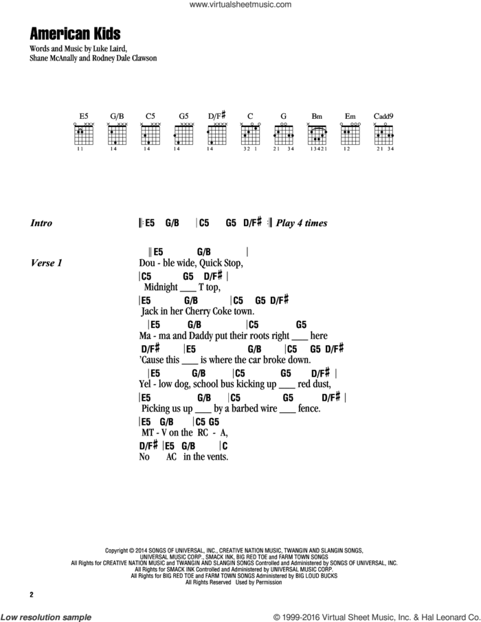 American Kids sheet music for guitar (chords) by Kenny Chesney, Luke Laird, Rodney Dale Clawson and Shane McAnally, intermediate skill level