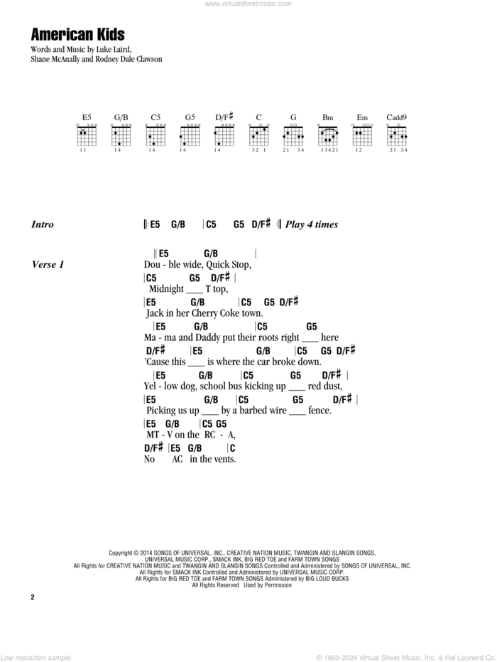 American Kids sheet music for guitar (chords) by Kenny Chesney, Luke Laird, Rodney Dale Clawson and Shane McAnally, intermediate skill level