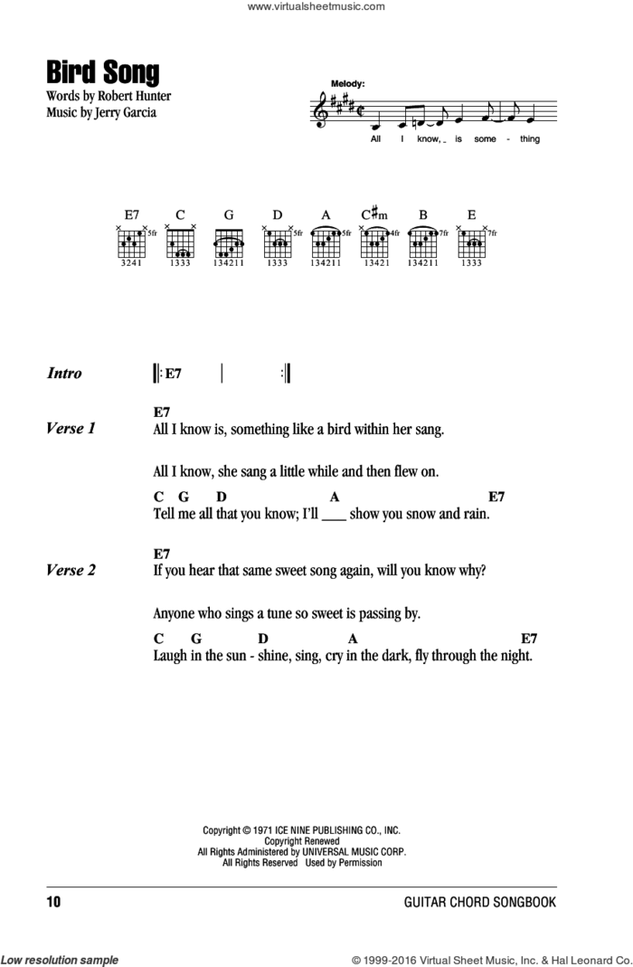Bird Song sheet music for guitar (chords) by Grateful Dead, Jerry Garcia and Robert Hunter, intermediate skill level