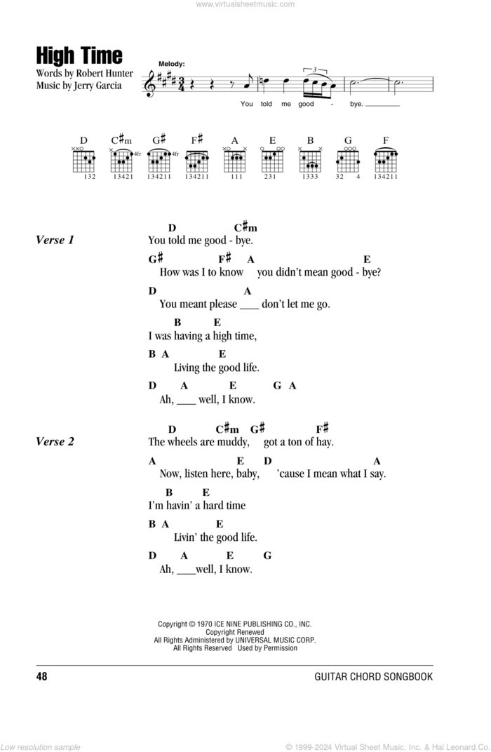 High Time sheet music for guitar (chords) by Grateful Dead, Jerry Garcia and Robert Hunter, intermediate skill level