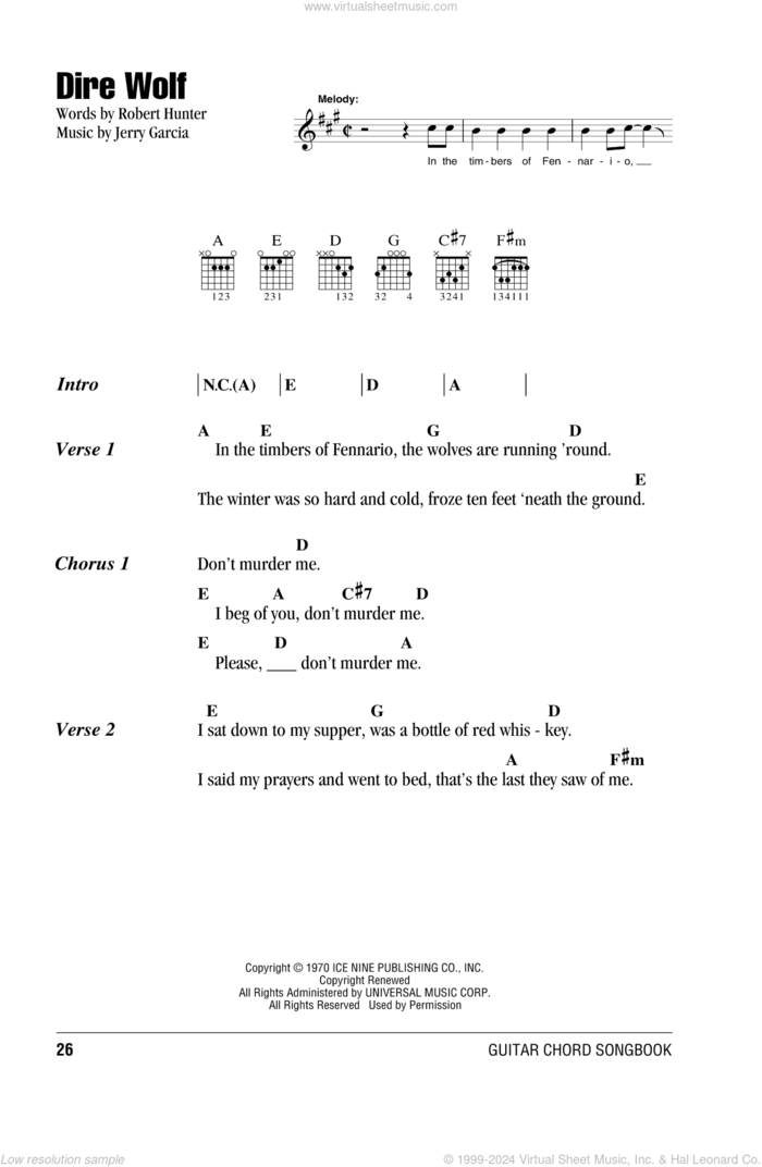 Dire Wolf sheet music for guitar (chords) by Grateful Dead, Jerry Garcia and Robert Hunter, intermediate skill level