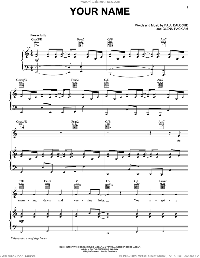 Your Name sheet music for voice, piano or guitar by Paul Baloche, Phillips, Craig & Dean and Glen Packlam, intermediate skill level