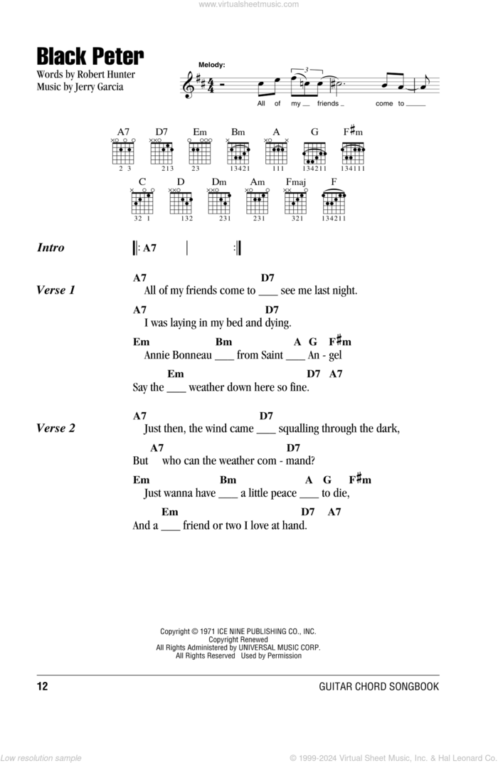 Black Peter sheet music for guitar (chords) by Grateful Dead, Jerry Garcia and Robert Hunter, intermediate skill level