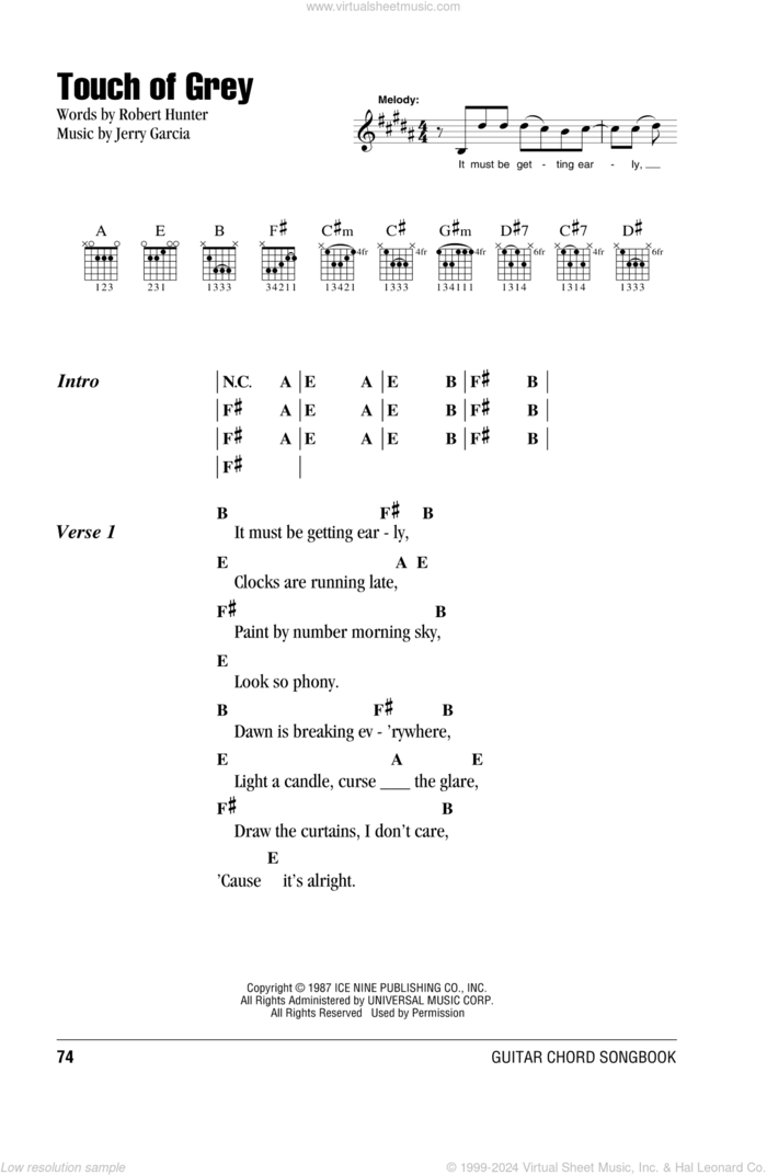 Touch Of Grey sheet music for guitar (chords) by Grateful Dead, Jerry Garcia and Robert Hunter, intermediate skill level