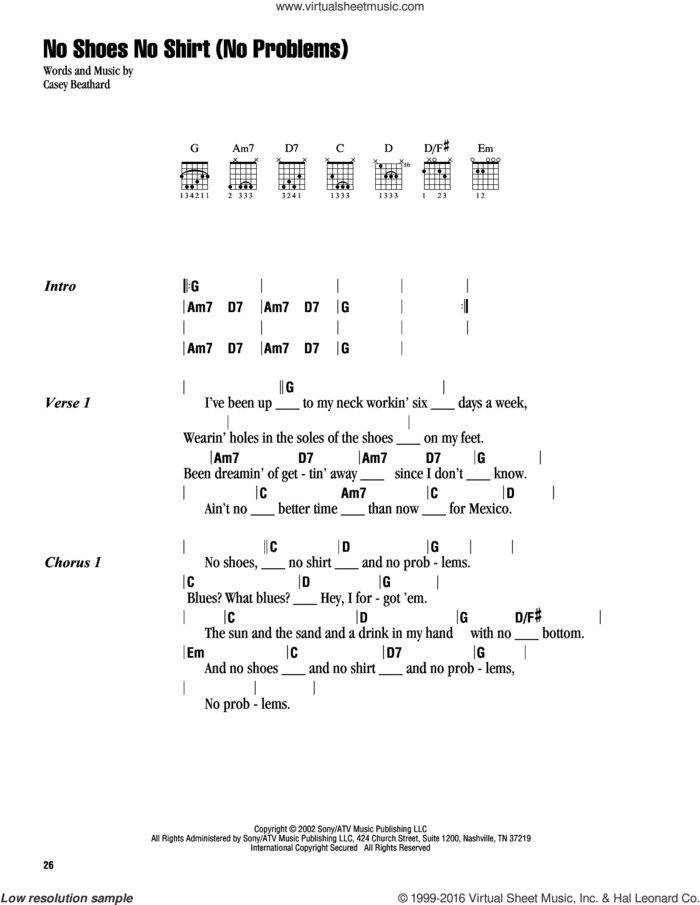 No Shoes No Shirt (No Problems) sheet music for guitar (chords) by Kenny Chesney and Casey Beathard, intermediate skill level