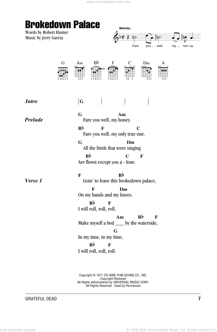 Brokedown Palace sheet music for guitar (chords) by Grateful Dead, Jerry Garcia and Robert Hunter, intermediate skill level