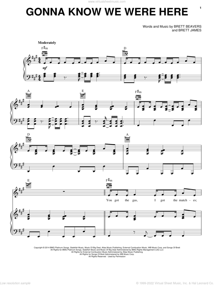 Gonna Know We Were Here sheet music for voice, piano or guitar by Jason Aldean, Brett Beavers and Brett James, intermediate skill level