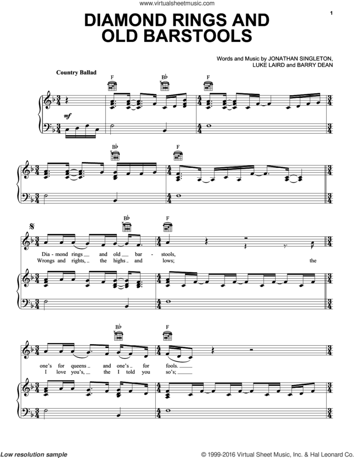Diamond Rings And Old Barstools sheet music for voice, piano or guitar by Tim McGraw, Barry Dean, Jonathan Singleton and Luke Laird, intermediate skill level