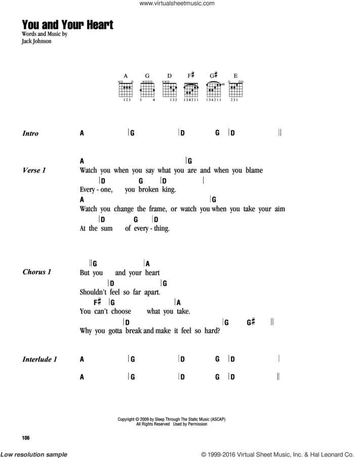 You And Your Heart sheet music for guitar (chords) by Jack Johnson, intermediate skill level