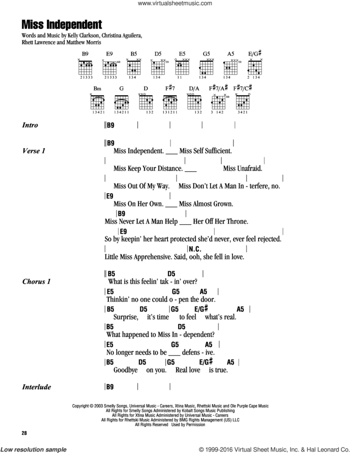 Miss Independent sheet music for guitar (chords) by Kelly Clarkson, Christina Aguilera, Matthew Morris and Rhett Lawrence, intermediate skill level
