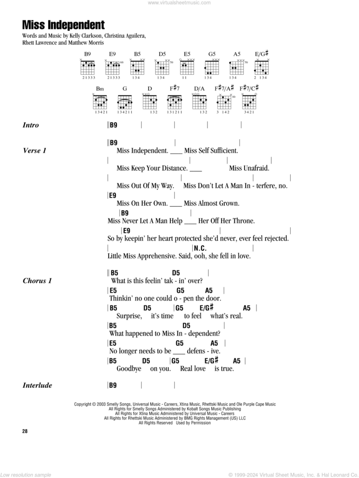 Miss Independent sheet music for guitar (chords) by Kelly Clarkson, Christina Aguilera, Matthew Morris and Rhett Lawrence, intermediate skill level