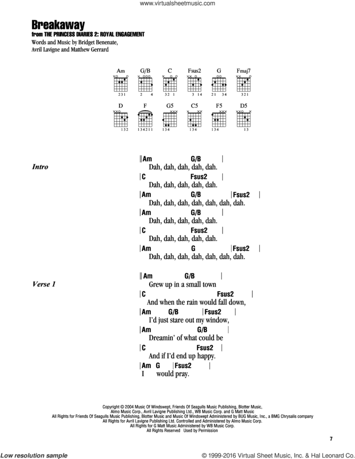 Breakaway sheet music for guitar (chords) by Kelly Clarkson, Avril Lavigne, Bridget Benenate and Matthew Gerrard, intermediate skill level