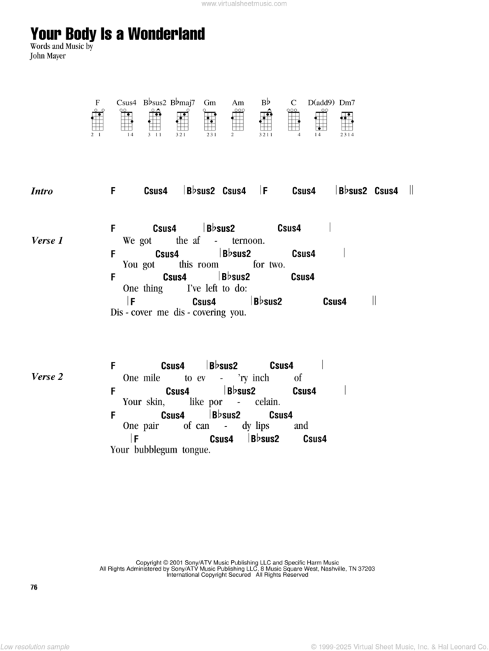 Your Body Is A Wonderland sheet music for ukulele (chords) by John Mayer, intermediate skill level