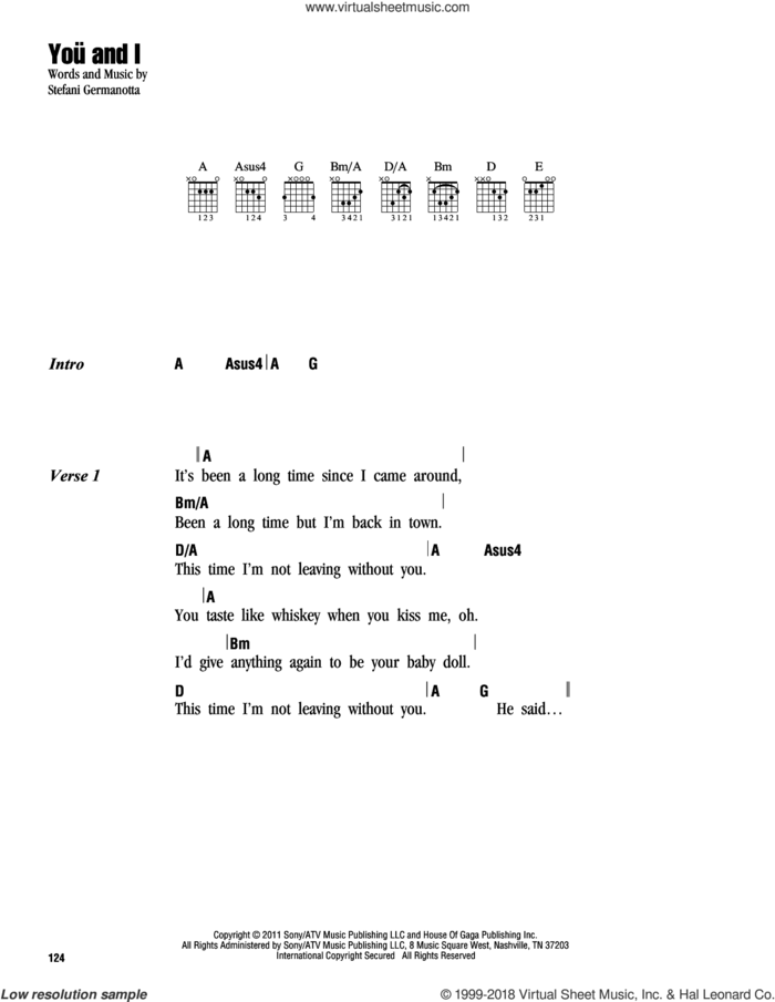 You And I sheet music for guitar (chords) by Lady Gaga, intermediate skill level