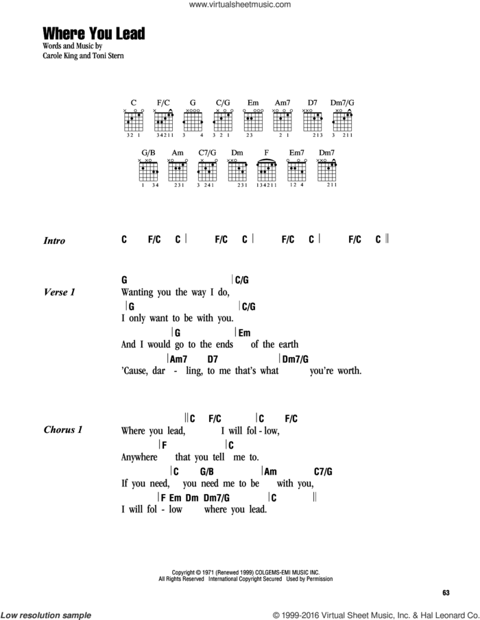 Where You Lead sheet music for guitar (chords) by Carole King and Toni Stern, intermediate skill level