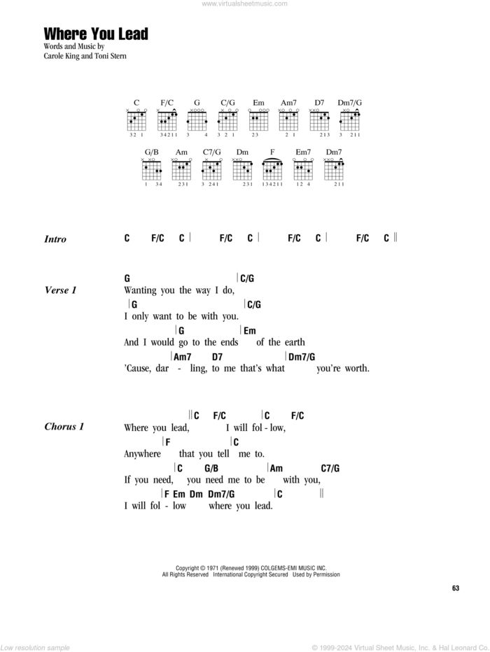 Where You Lead sheet music for guitar (chords) by Carole King and Toni Stern, intermediate skill level