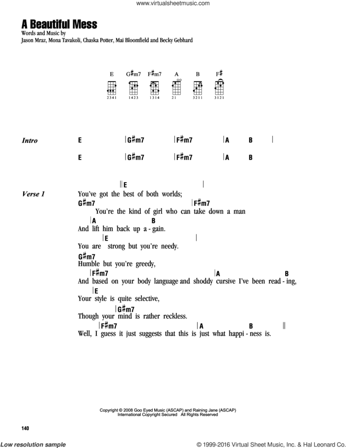 A Beautiful Mess sheet music for ukulele (chords) by Jason Mraz, Becky Gebhardt, Chaska Potter, Mai Bloomfield and Mona Tavakoli, intermediate skill level