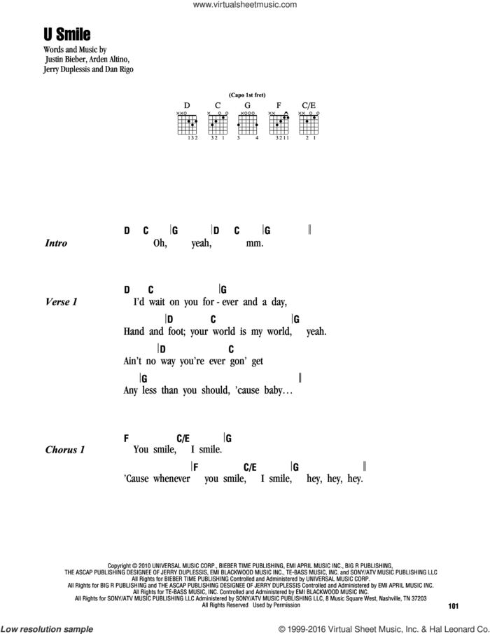 U Smile sheet music for guitar (chords) by Justin Bieber, Arden Altino, Dan Rigo and Jerry Duplessis, intermediate skill level