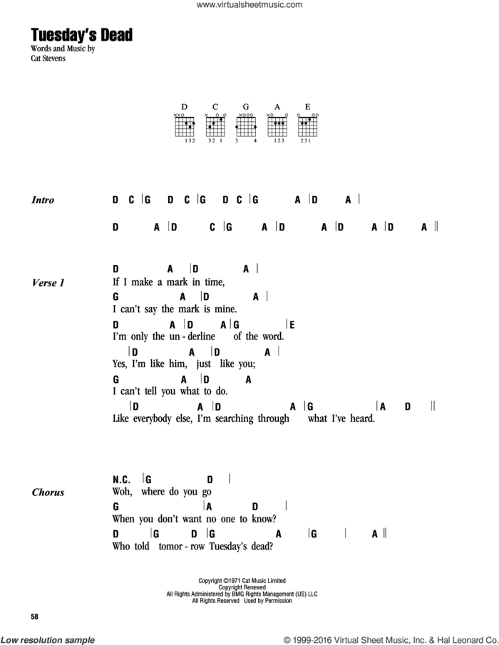 Tuesday's Dead sheet music for guitar (chords) by Cat Stevens and Yusuf Islam, intermediate skill level
