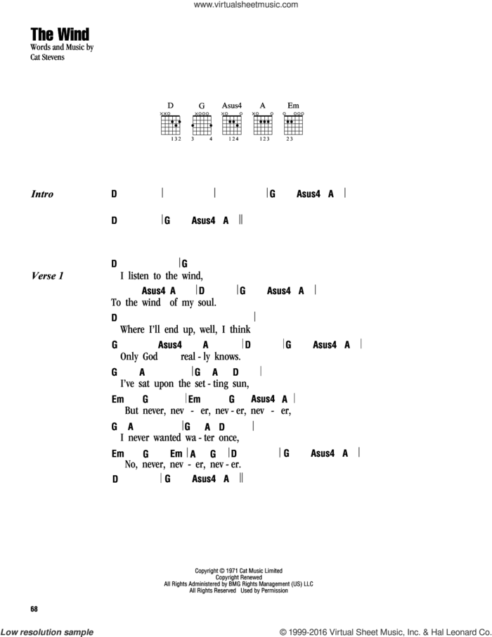 The Wind sheet music for guitar (chords) by Cat Stevens and Yusuf Islam, intermediate skill level