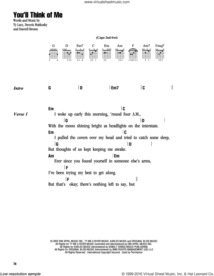 You'll Think Of Me sheet music for guitar (chords) by Keith Urban, Darrell Brown, Dennis Matkosky and Ty Lacy, intermediate skill level