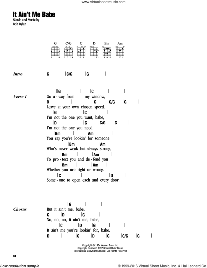 It Ain't Me Babe sheet music for guitar (chords) by Bob Dylan, Johnny Cash and Miscellaneous, intermediate skill level