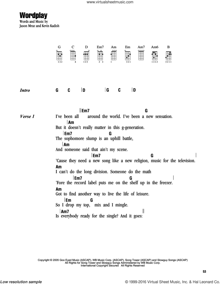 Wordplay sheet music for ukulele (chords) by Jason Mraz and Kevin Kadish, intermediate skill level