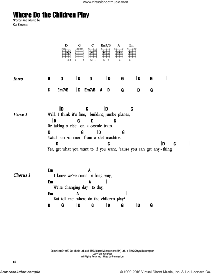 Where Do The Children Play sheet music for guitar (chords) by Cat Stevens and Yusuf Islam, intermediate skill level