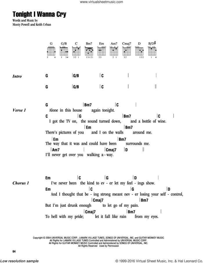 Tonight I Wanna Cry sheet music for guitar (chords) by Keith Urban and Monty Powell, intermediate skill level