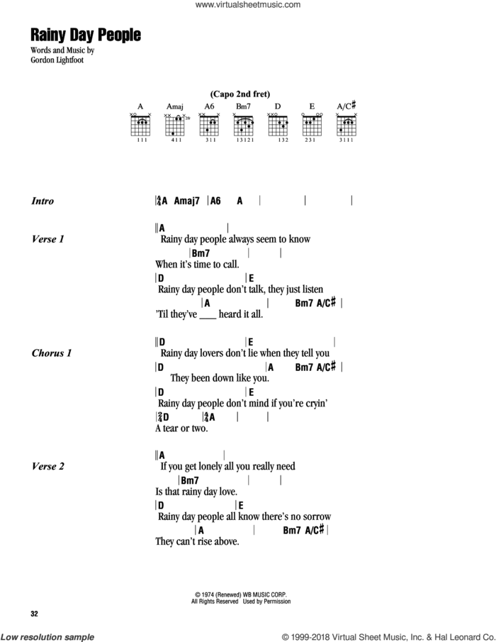 Rainy Day People sheet music for guitar (chords) by Gordon Lightfoot, intermediate skill level