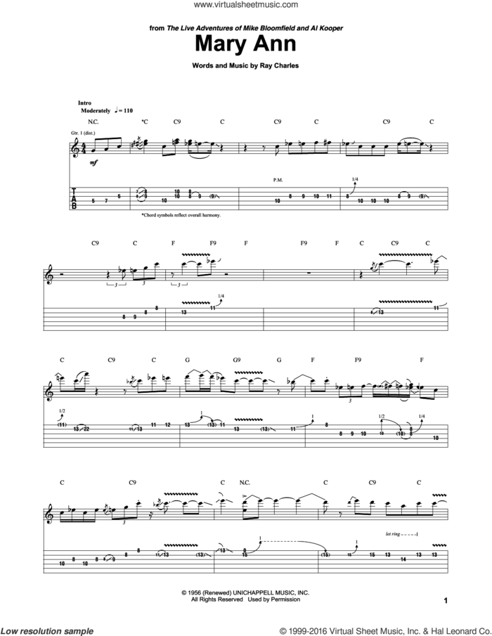 Mary Ann sheet music for guitar (tablature) by Mike Bloomfield & Al Kooper, Mike Bloomfield and Ray Charles, intermediate skill level