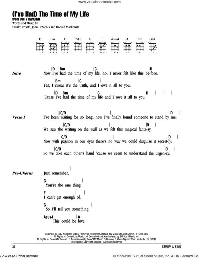 (I've Had) The Time Of My Life sheet music for guitar (chords) by Bill Medley & Jennifer Warnes, Donald Markowitz, Franke Previte and John DeNicola, wedding score, intermediate skill level